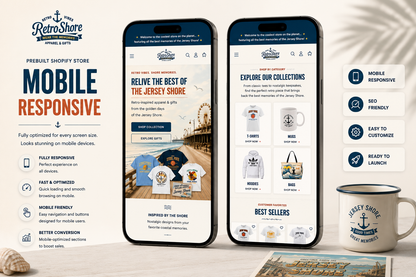 Mobile view of RetroShore Retro Apparel Shopify store featuring vintage-style clothing and accessories by Ecomplix.