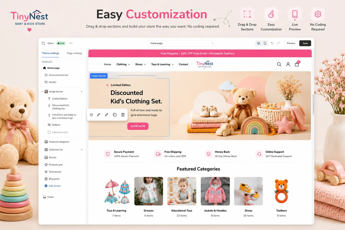 TinyNest baby and kids prebuilt Shopify store by Ecomplix shown on screen with customizable homepage layout and colorful product images.