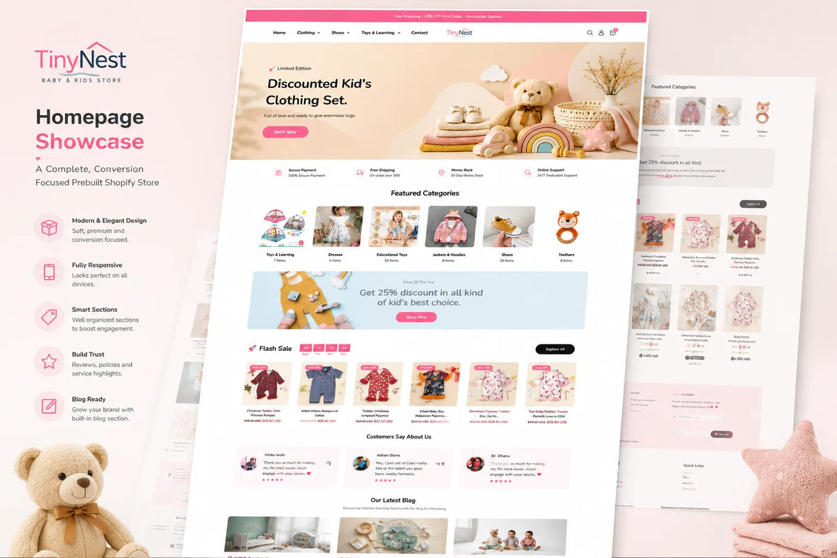TinyNest baby and kids prebuilt Shopify store homepage overview showcasing colorful product images and kid-friendly design elements.