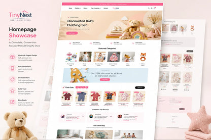 TinyNest baby and kids prebuilt Shopify store homepage overview showcasing colorful product images and kid-friendly design elements.