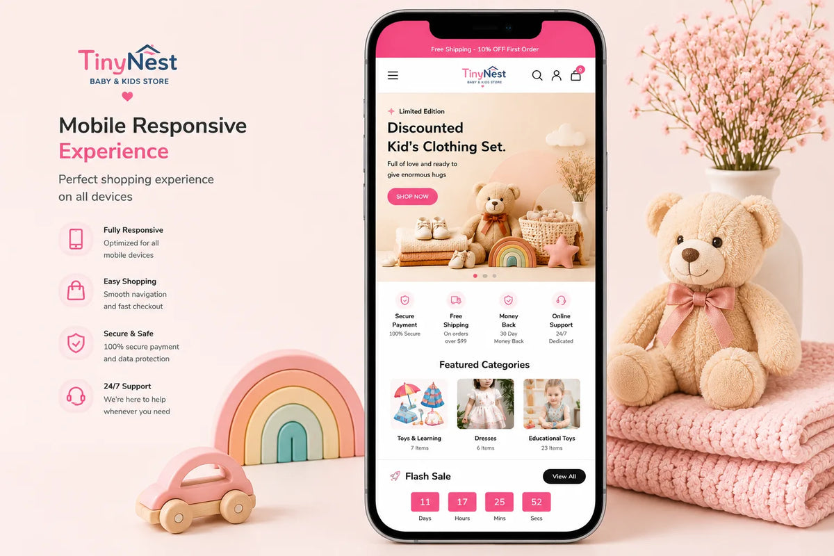Mobile view of TinyNest baby and kids prebuilt Shopify store by Ecomplix, showcasing a colorful, kid-friendly e-commerce homepage design.