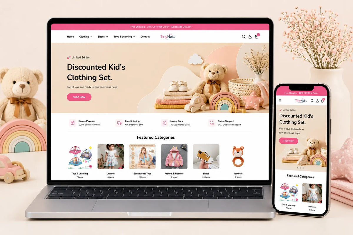 TinyNest baby and kids prebuilt Shopify store homepage, featuring colorful product categories and playful design elements by Ecomplix.