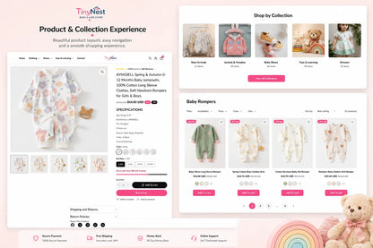 TinyNest baby and kids prebuilt Shopify store by Ecomplix, featuring homepage layout, product sections, and colorful design elements.