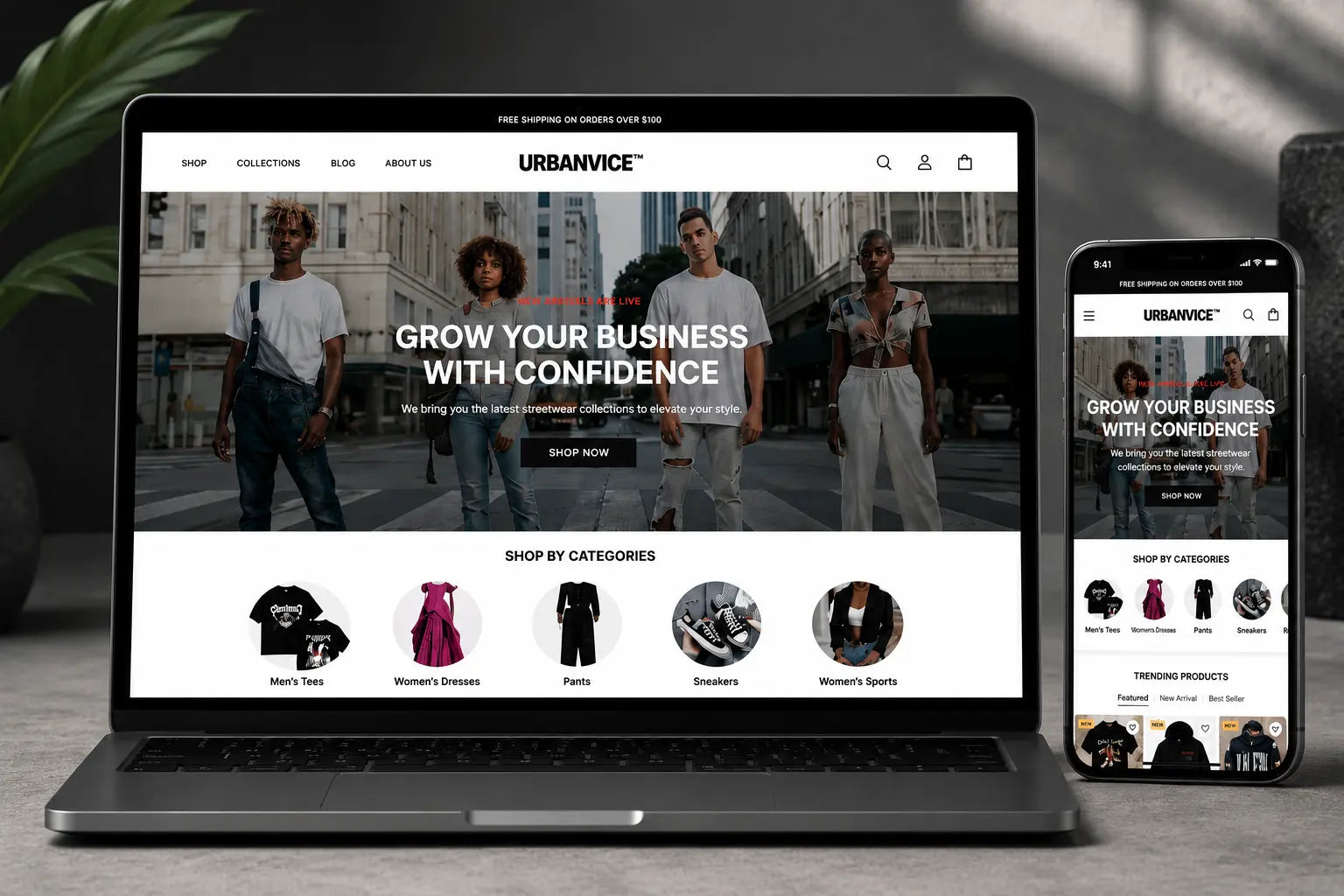 UrbanVice streetwear fashion Shopify store featuring trendy urban clothing and accessories in a modern, stylish display.