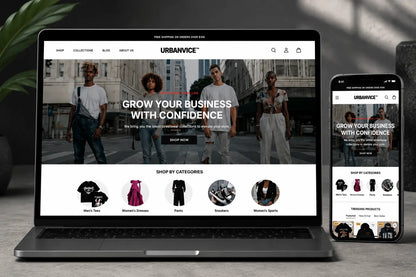 UrbanVice streetwear fashion Shopify store featuring trendy urban clothing and accessories in a modern, stylish display.