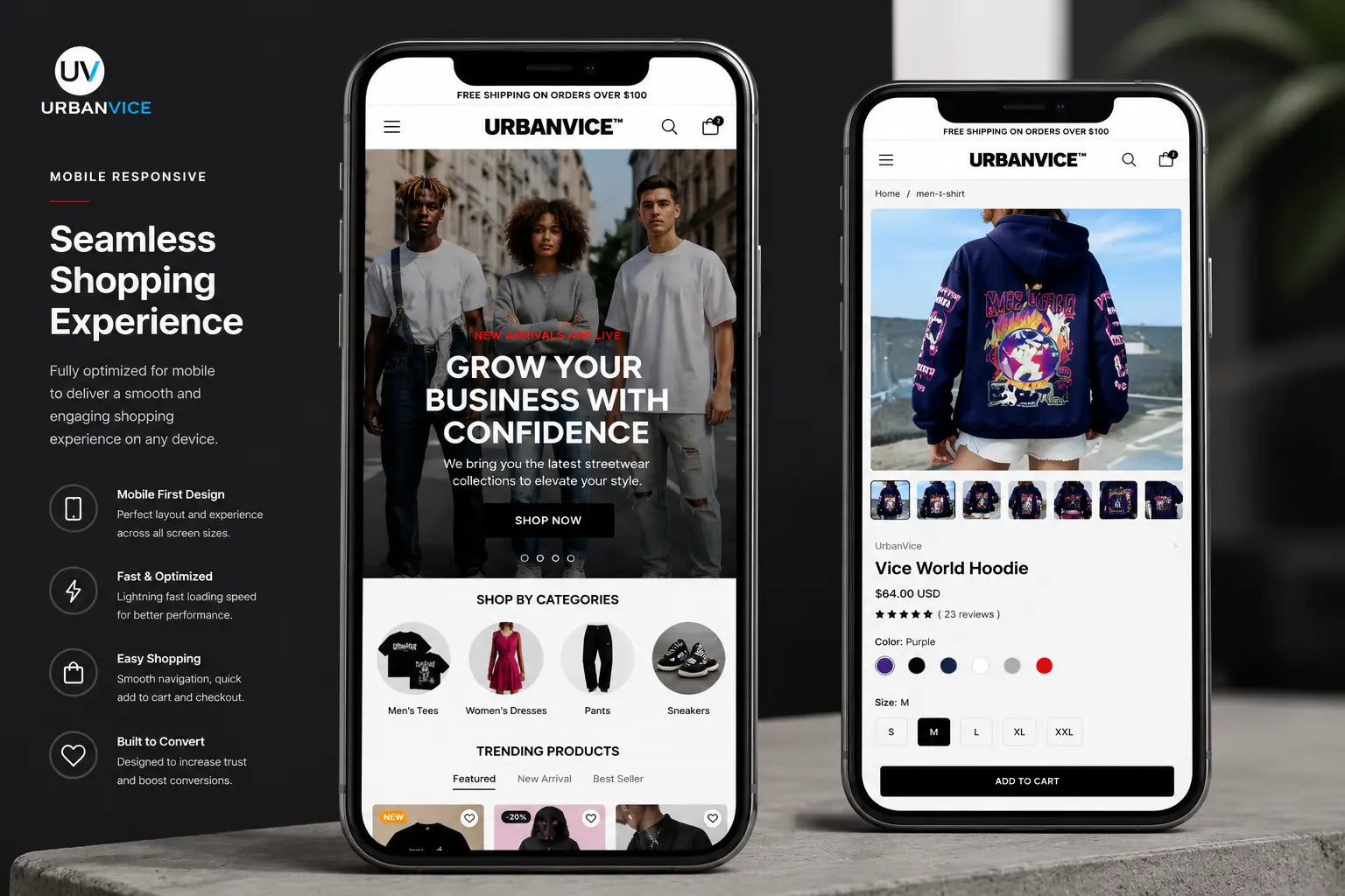 UrbanVice streetwear fashion hoodie displayed on a mobile device, featuring modern urban style from Ecomplix.