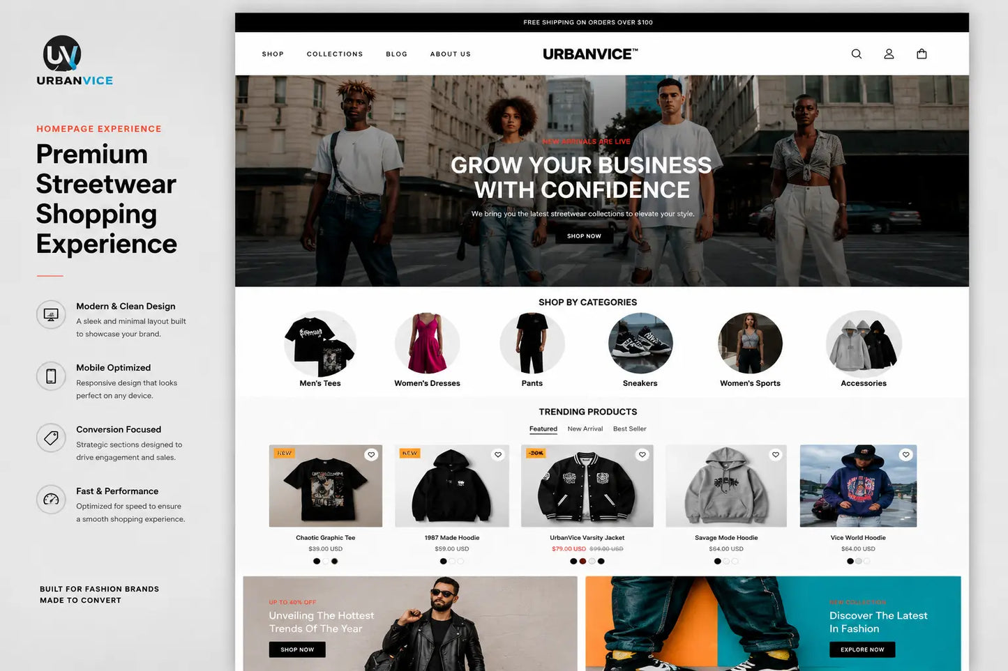 UrbanVice streetwear fashion hoodie from Ecomplix showcased on a Shopify store product display.