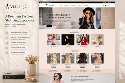 Homepage overview of Veloura luxury women's fashion Shopify store by Ecomplix, featuring stylish clothing and accessories.