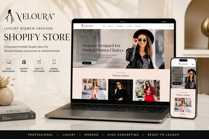 Veloura luxury women fashion Shopify store prebuilt design by Ecomplix, featuring stylish clothing and accessories on the homepage.