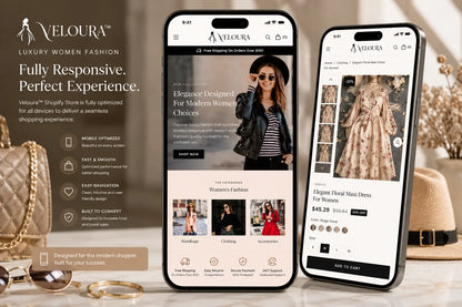 Mobile-responsive image of the Veloura luxury women fashion Shopify store by Ecomplix, showcasing elegant product displays and stylish design.