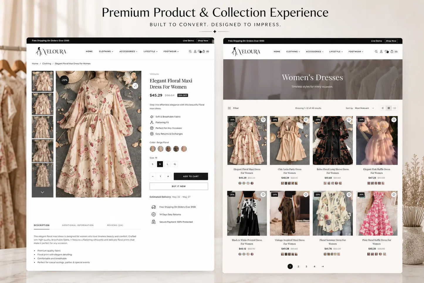 Overview image of Veloura luxury women fashion Shopify store by Ecomplix, showcasing product collections and store design elements.