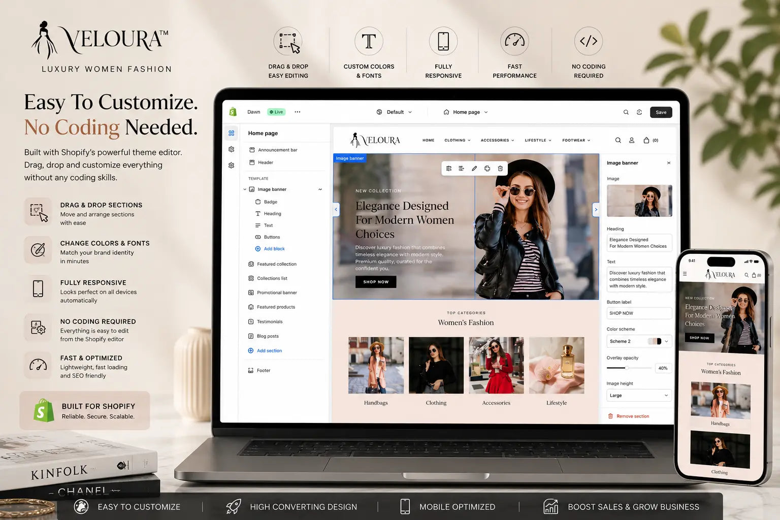 Elegant homepage layout of Veloura luxury women's fashion Shopify store built by Ecomplix, featuring stylish product images and clean design.